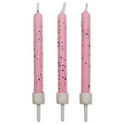 Lot de 10 Bougies Paillettes roses avec supports 62mm - Cire de paraffine